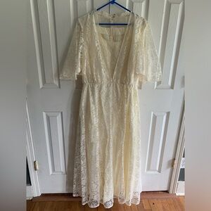 Women’s L/XL Mike Benet Floral Lace Vintage Cream Long Prom Dress VNeck Made USA